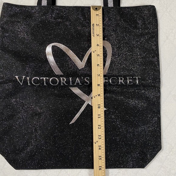 Victoria’s Secret Sparkling Black Canvas Tote Bag Silver Logo Shimmer Straps NWT - Picture 7 of 8